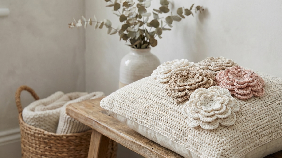 Flores de crochê 3D em tons naturais aplicativamente sobre almofada ou bolsa artesanal