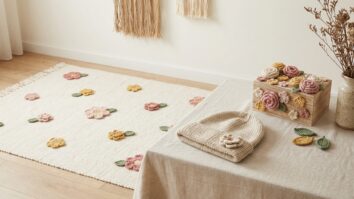 Ambiente artesanal com tapete, gorro e caixa decorados com flores de crochê em tons naturais