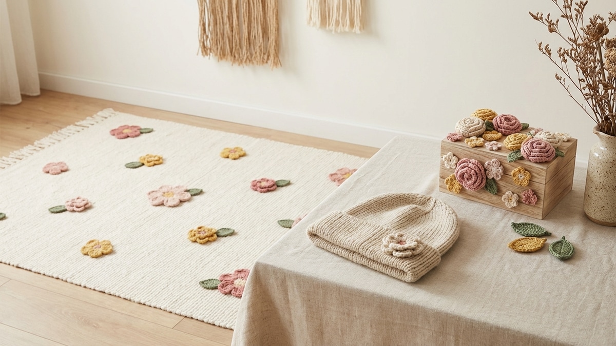 Ambiente artesanal com tapete, gorro e caixa decorados com flores de crochê em tons naturais