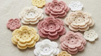Flores de crochê em tons suaves organizadas sobre fundo claro com textura delicada