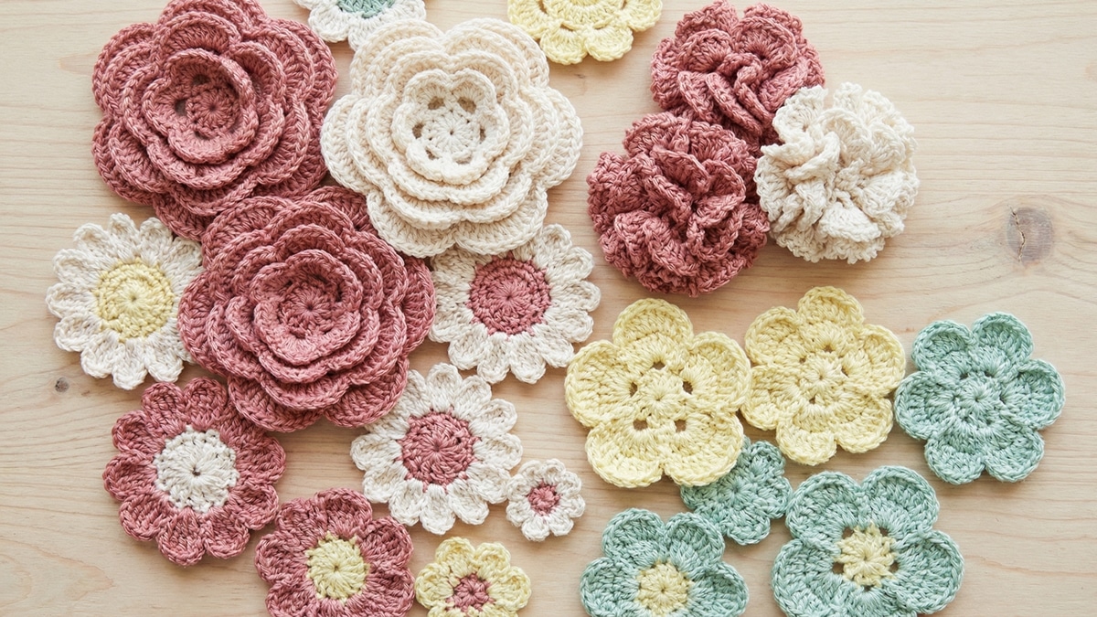 Flores de crochê em diferentes tamanhos e cores suaves em flat lay sobre madeira clara
