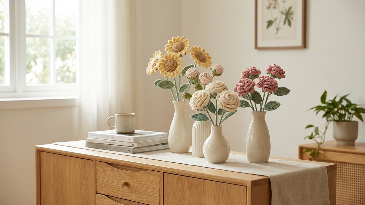 Flores de crochê em vasos sobre mesa de madeira clara em ambiente luminoso