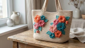 Flores de crochê vibrantes em laranja, pink e turquesa sobre base neutra artesanal