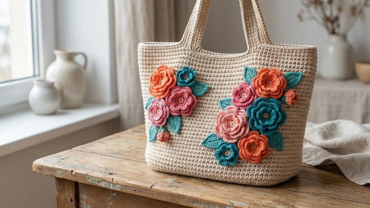 Flores de crochê vibrantes em laranja, pink e turquesa sobre base neutra artesanal