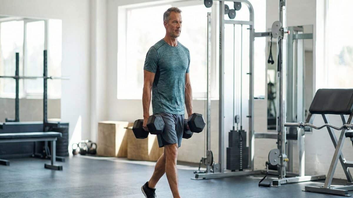 Senhor executando exercício de caminhada do fazendeiro com halteres na academia