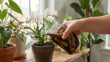 Pessoa despejando adubo líquido em vaso de plantas em casa com ingredientes caseiros