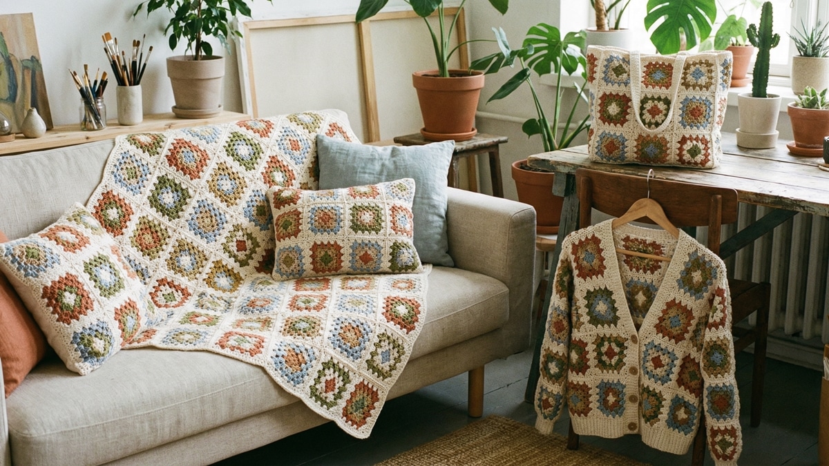 Conjunto de peças de crochê com granny squares coloridos em ambiente contemporâneo