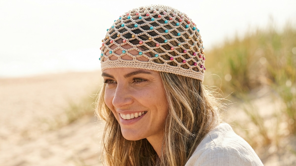 Mulher sorrindo usando headpiece de crochê bege com miçangas coloridas em ambiente de verão ensolarado