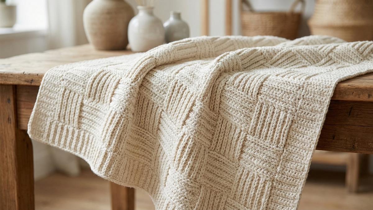 Peça decorativa de crochê off-white com pontos alpino e cesta em relevo