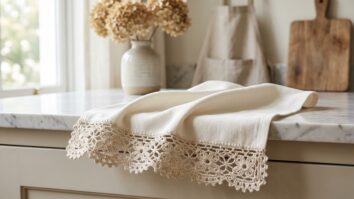 Pano de prato com barrado de crochê em tom neutro sobre superfície elegante