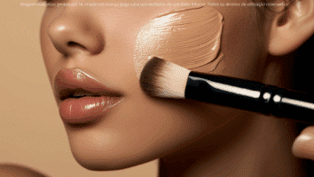 Mulher aplicando base com pincel, essa imagem simboliza a união perfeita entre cobertura e cuidado: produtos que tratam a pele enquanto realçam a beleza