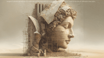 Uma cabeça em construção, feita de blocos e andaimes, simboliza a autoestima como obra em progresso: cada pequena peça colocada, todos os dias, transforma quem somos e como nos enxergamos