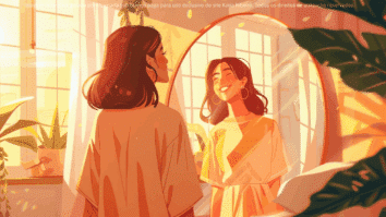 A imagem mostra uma mulher diante do espelho, revelando no reflexo uma versão mais confiante, simbolizando sua percepção interna.