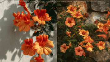 As flores alaranjadas da Bignonia surgem com intensidade sobre muros e paredes, mostrando como essa trepadeira se espalha rápido e transforma estruturas simples em jardins verticais vibrantes