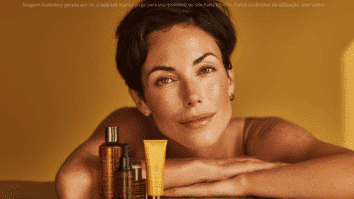 Mulher com pele saudável ao lado dos itens essenciais de uma rotina completa de skincare.