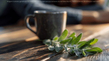 Uma folha de boldo em primeiro plano sobre a mesa, com uma xícara desfocada ao fundo, simbolizando o uso da planta como chá para ressaca e saúde do fígado.