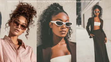 Três mulheres com cabelos cacheados em penteados estilosos, usando acessórios e looks modernos, ilustrando tendências de penteados e estilo para o verão 2026.