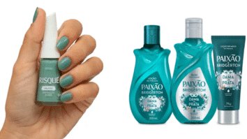 Unhas verde-menta com esmalte da Risqué e linha corporal Paixão Bridgerton – Dama Prata. Créditos: 1ª imagem — Reprodução Belezeira | 2ª imagem — Reprodução Coty.
