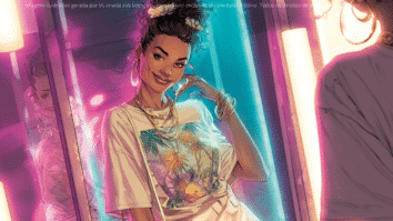 ilustração de uma mulher sorrindo para o próprio reflexo no espelho, simbolizando autoaceitação, autoestima e poder pessoal