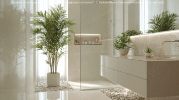 A imagem mostra um banheiro moderno e sofisticado com uma Palmeira Ráfis posicionada dentro do box, trazendo sensação de frescor, relaxamento e elegância.