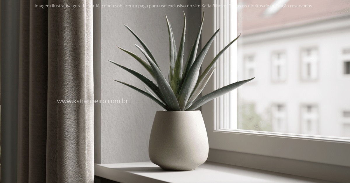 Babosa em um vaso tomando o sol da manhã (sol direto e forte por muitas horas pode queimar as folhas)