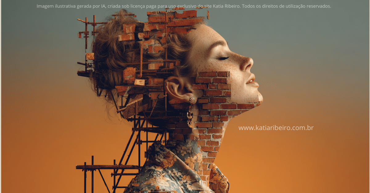 Uma mulher feita de tijolos e concreto, em construção, simbolizando o processo de construir uma autoestima inabalável