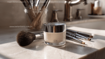 Pincéis de maquiagem espalhados em volta de um pode de creme