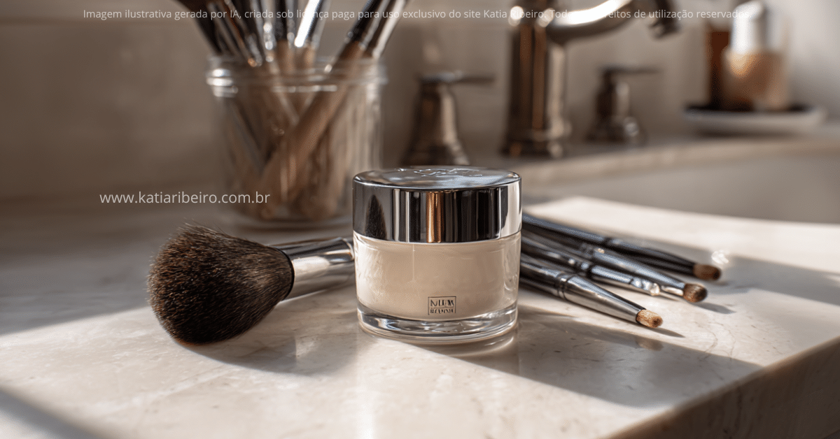 Pincéis de maquiagem espalhados em volta de um pode de creme