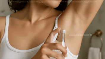 Mulher borrifando desodorante natural nas áxilas