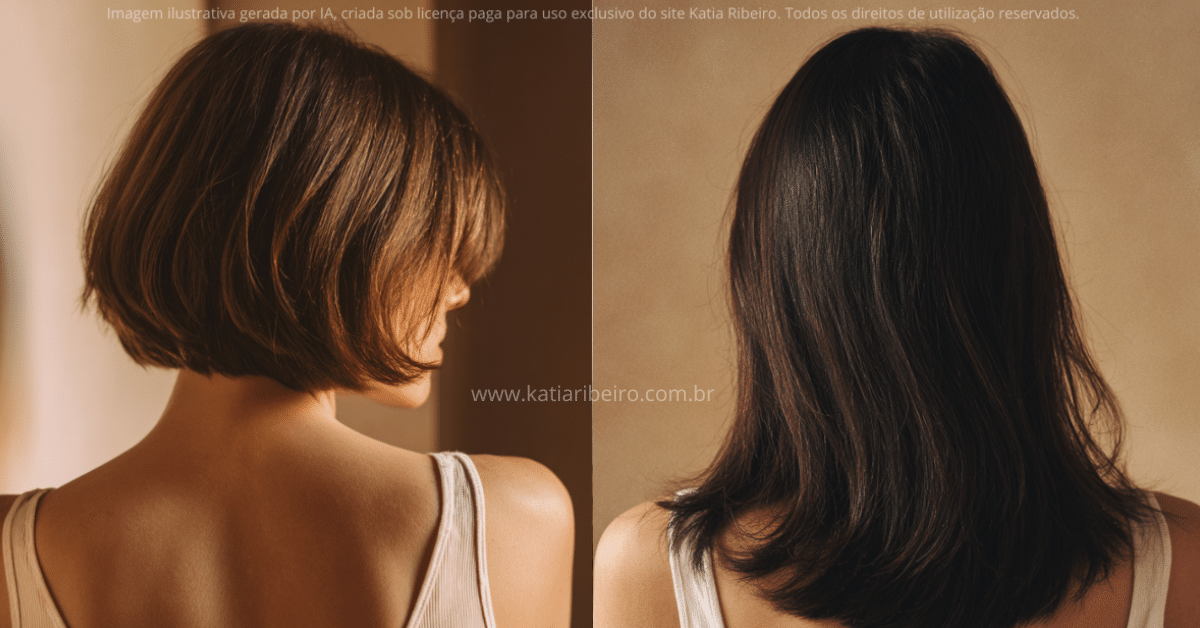 A imagem ilustra a evolução do cabelo: de um corte curto para fios mais longos