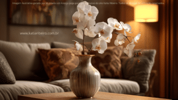 Orquídeas em um vaso complementando a decoração e uma sala