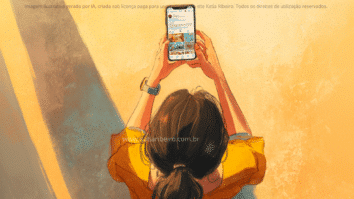 A imagem mostra uma mulher absorvida pelo celular, rolando um feed infinito A cena simboliza a liberação contínua de dopamina gerada por estímulos imediatos