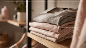 Roupas dobradas e expostas em um guarda-roupa estilo industrial