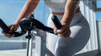 Mulher pedalando em uma bicicleta na academia