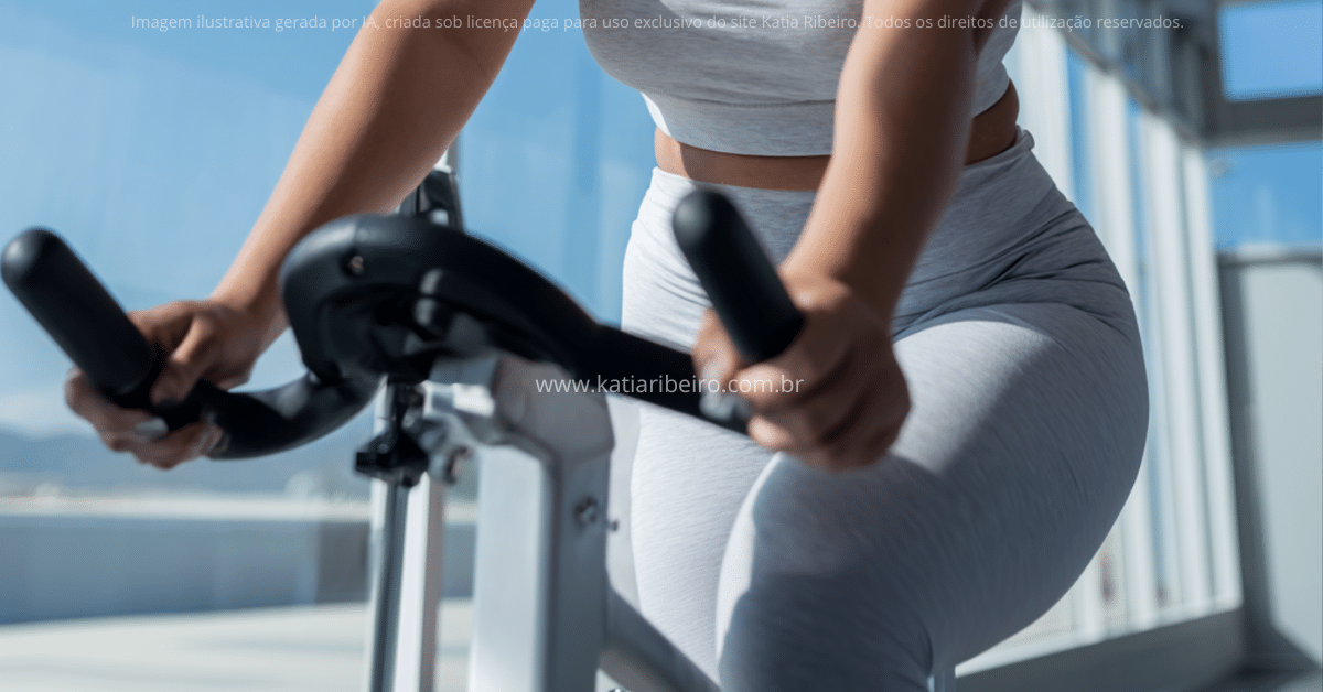 Mulher pedalando em uma bicicleta na academia