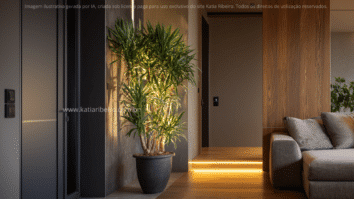 Uma planta está posicionada na entrada da casa, simbolizando prosperidade segundo o Feng Shu