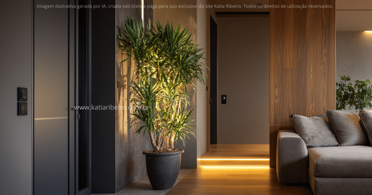 Uma planta está posicionada na entrada da casa, simbolizando prosperidade segundo o Feng Shu