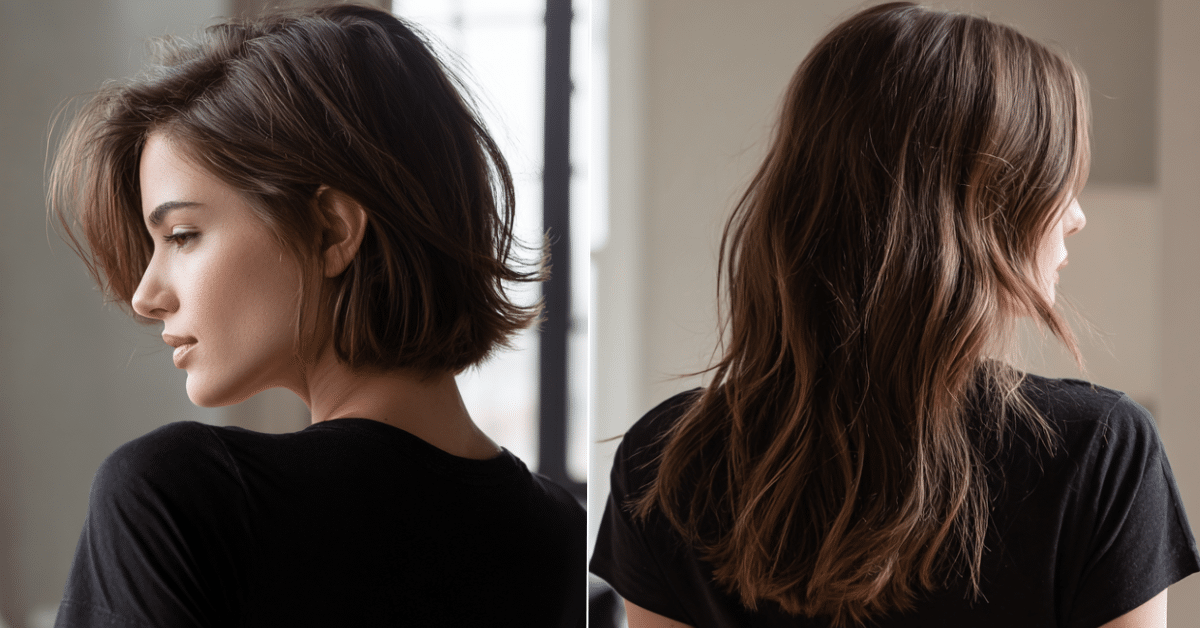 A imagem ilustra a evolução do cabelo: de um corte curto para fios mais longos