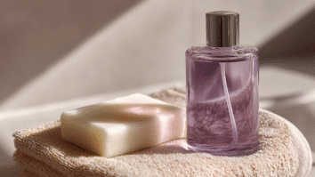 Sabonete em barra e frasco de sabonete líquido dispostos sobre uma toalha