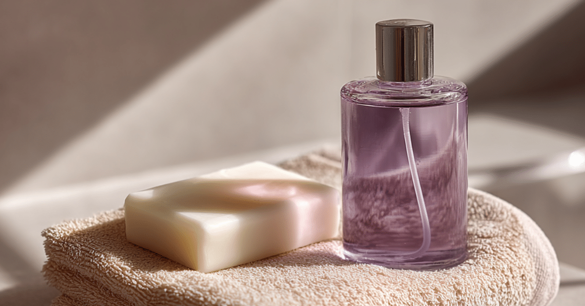 Sabonete em barra e frasco de sabonete líquido dispostos sobre uma toalha