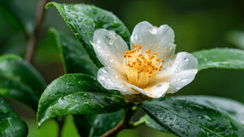 A imagem mostra a flor da Camellia sinensis