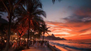 Imagem de uma praia, Pôr do sol à beira-mar, palmeiras iluminadas e pessoas celebrando um fim de ano