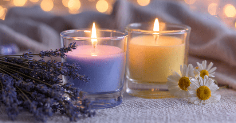 Levanda, velas aromáticas e camomila dispostas sobre uma toalha