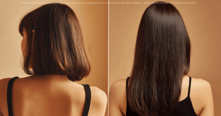 A imagem ilustra a evolução do cabelo: de um corte curto para fios mais longos