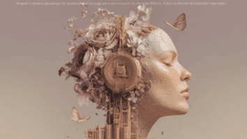 A imagem mostra a cabeça de uma mulher com fone de ouvido, flores, borboletas e elementos, simbolizando como um diálogo interno positivo faz a mente florescer e se reconstruir.