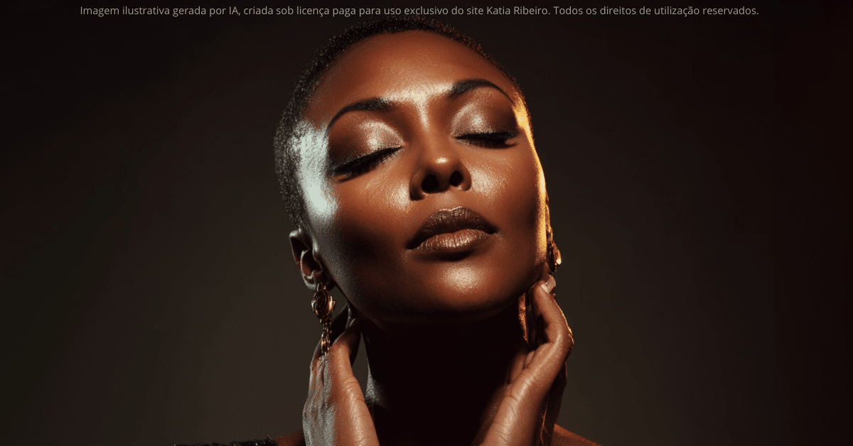 A imagem mostra uma mulher exibindo uma pele com aspecto jovem, textura regular, viço e um brilho saudável da pele