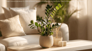Imagem de uma zamioculca na decoração de uma sala de estar