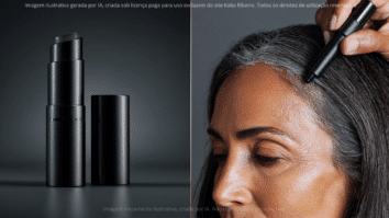 A imagem mostra um bastão de coloração temporária sendo aplicado na raiz do cabelo grisalho, ilustrando como o produto cobre os fios brancos de forma rápida e prática.