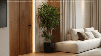 Uma planta está posicionada na entrada da casa, simbolizando prosperidade segundo o Feng Shu