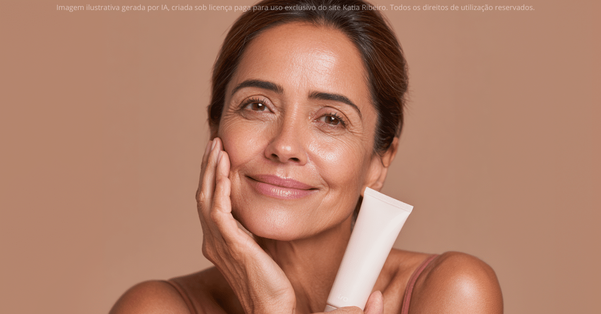 Mulher com creme antissinais aplicado sobre a pele do rosto